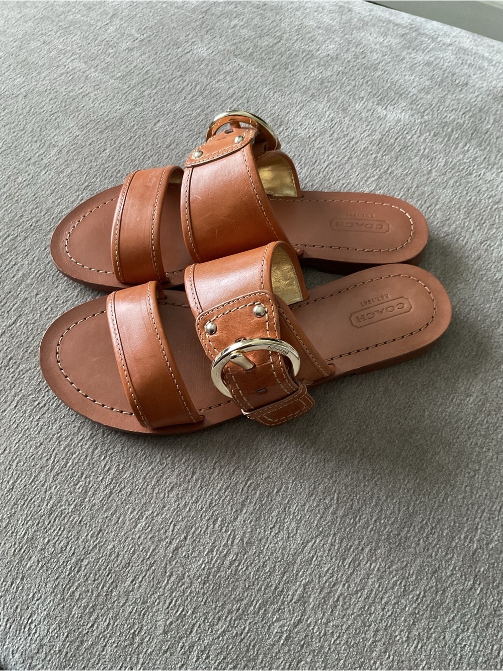 Coach Tan Leather Double-Strap Slide Sandals with Gold Buckle - Picture 5 of 9